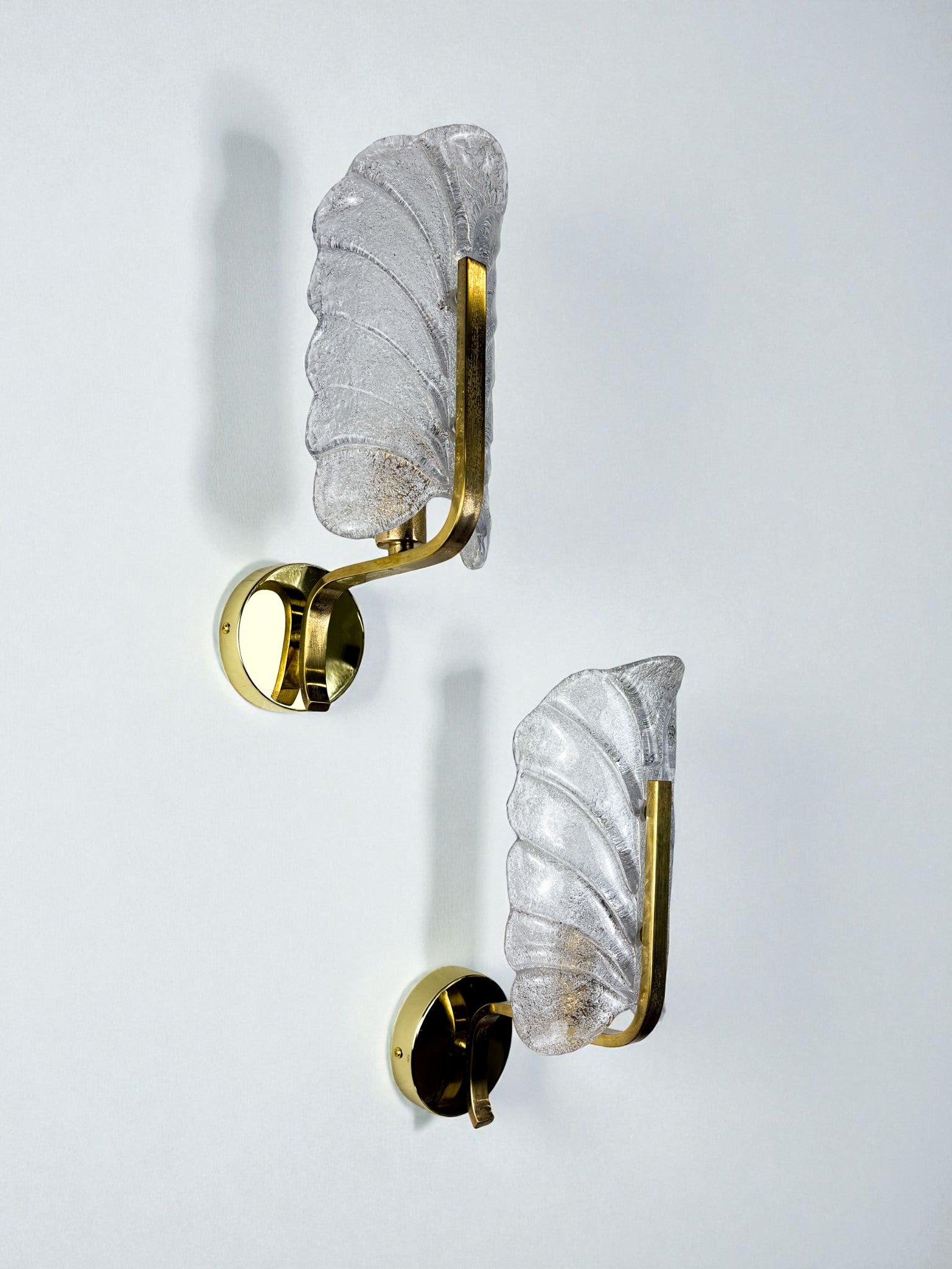 Pair of Murano Frosted Leaf Sconces, Textured Glass & Gilt Brass, Italy, Circa's 1970