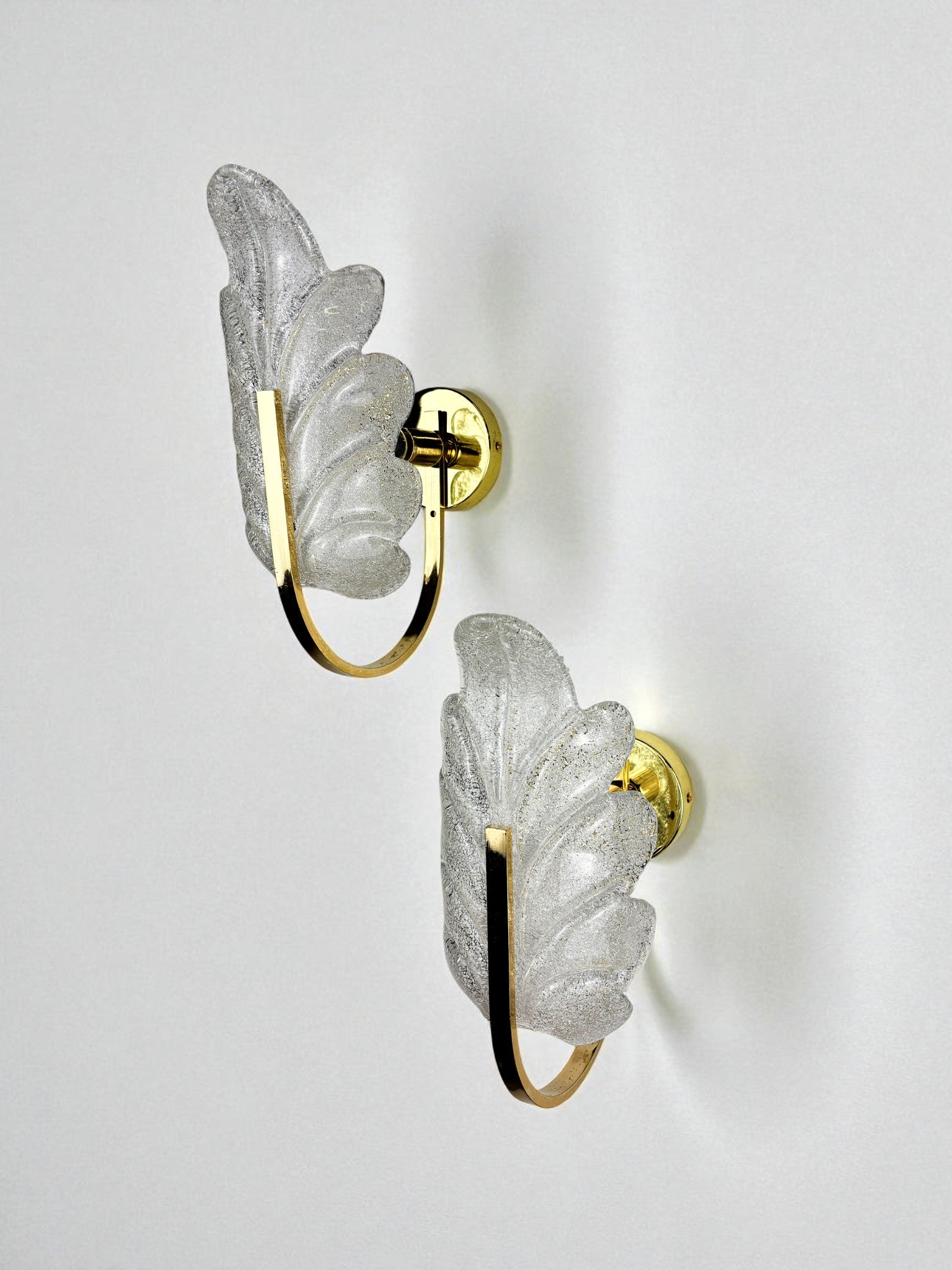 Pair of Murano Frosted Leaf Sconces, Textured Glass & Gilt Brass, Italy, 1970