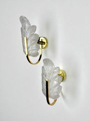 Pair of Murano Frosted Leaf Sconces, Textured Glass & Gilt Brass, Italy, 1970