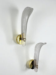Pair of Murano Frosted Glass Leaf Sconces, Gilt Brass, Italy, 1970s