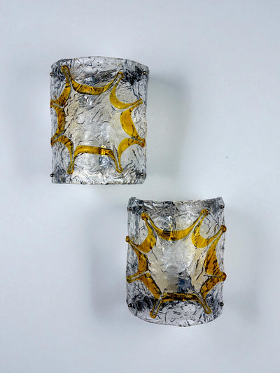 Pair of Mazzega Murano Wall Lights, Orange Frosted Textured Glass, Italy, 1970s