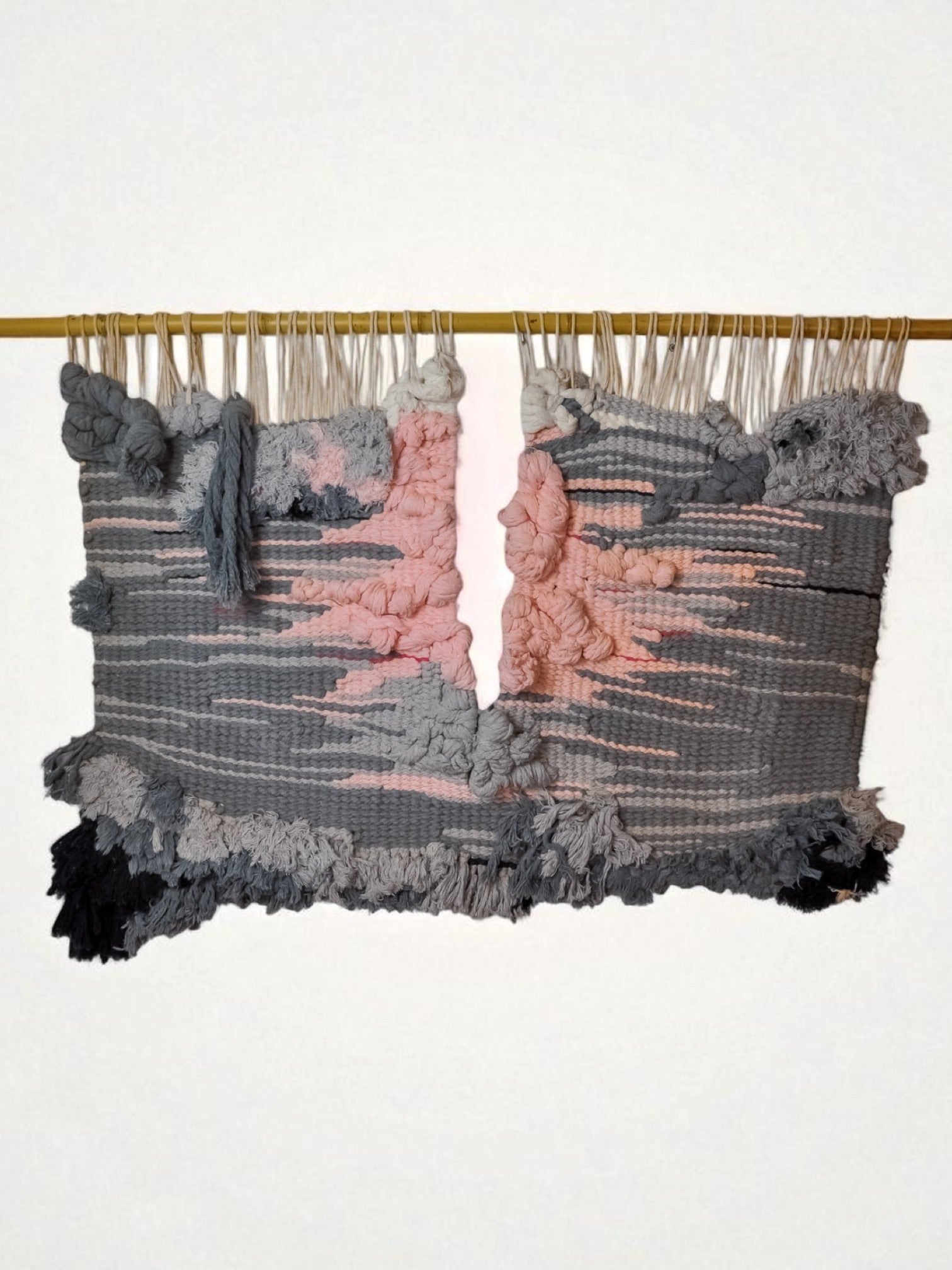 Textured macrame wall hanging, grey & pink wool, Spain, 1970s