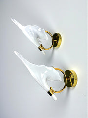 Pair of "Calla Lily" Leaf-Shaped Wall Sconces, Murano Glass & Gilt Brass, Italy 1970s