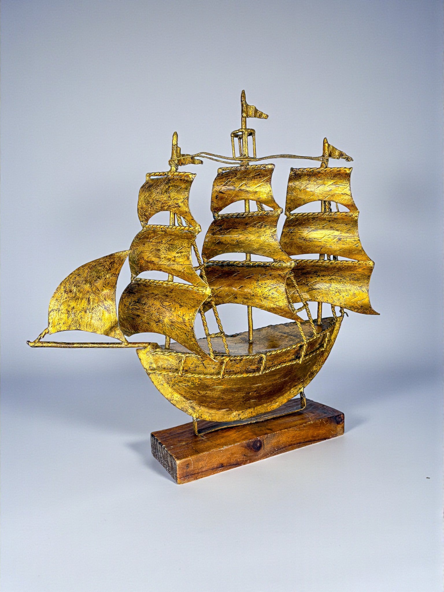 Spanish Galleon Sailing Ship Sculpture, Gilt Iron Sculpture & wood base, 1940s