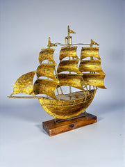 Spanish Galleon Sailing Ship Sculpture, Gilt Iron Sculpture & wood base, 1940s