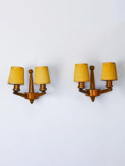 Pair of two-armed art deco "ball" wall lights, carved wood, France, 1960