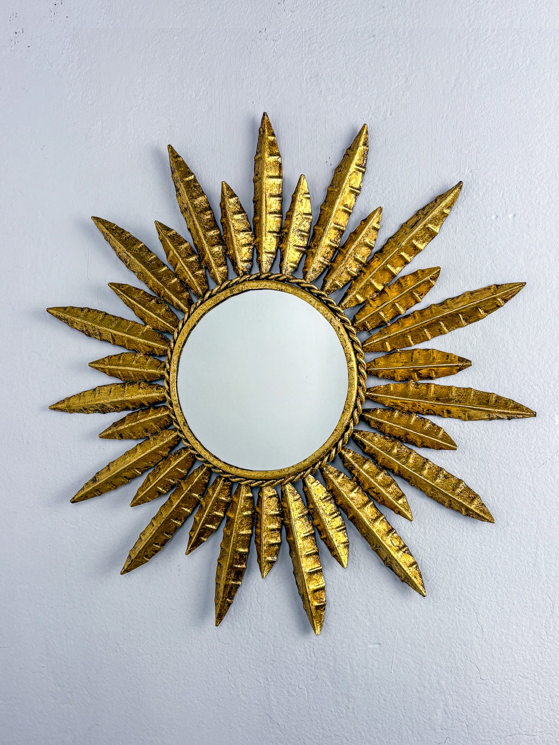 Midcentury Modern Sunburst Wall Mirror – Gilt Metal, France 1960's