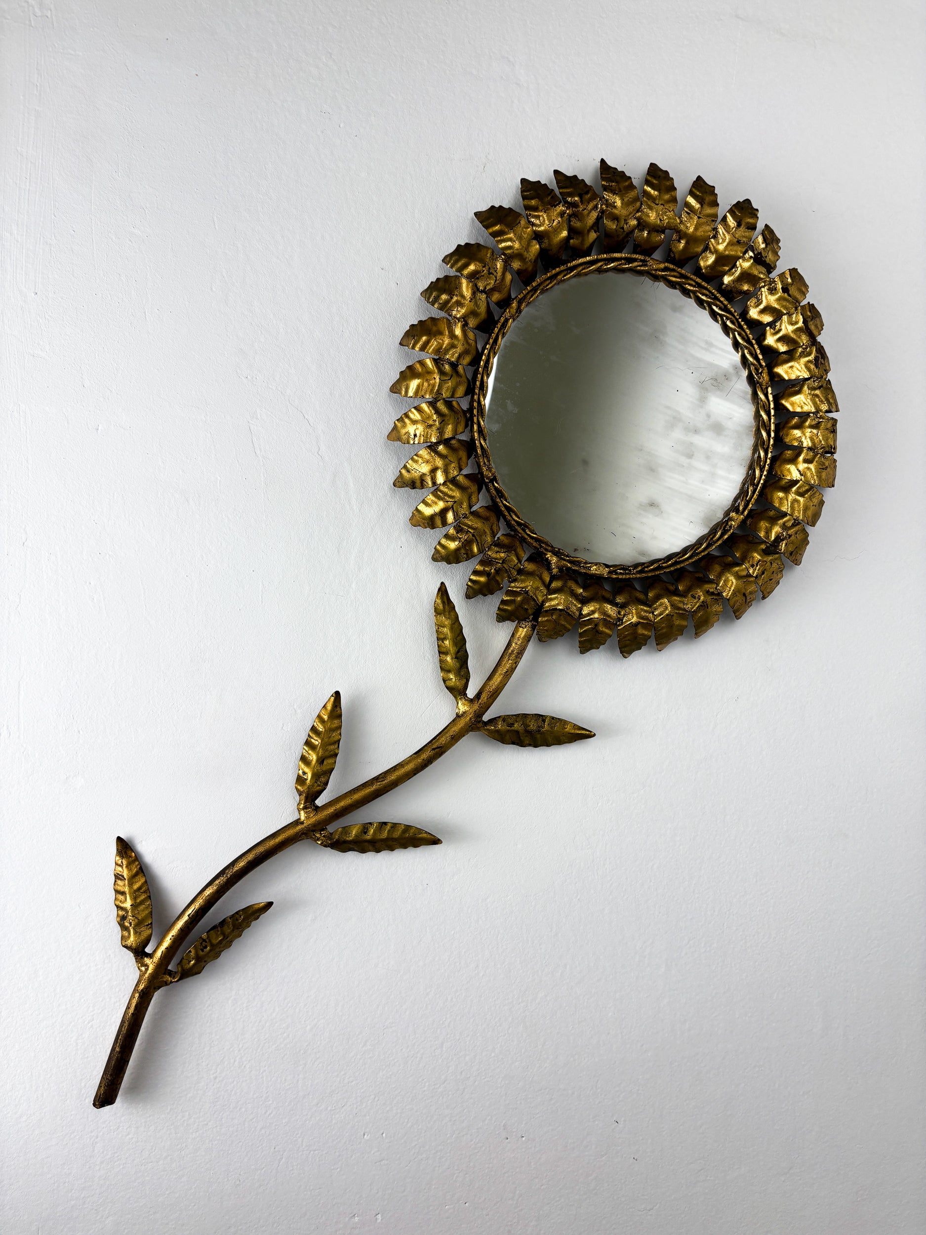 French Sunburst Flower Mirror Wall Decoration, Gilt Iron, 1950