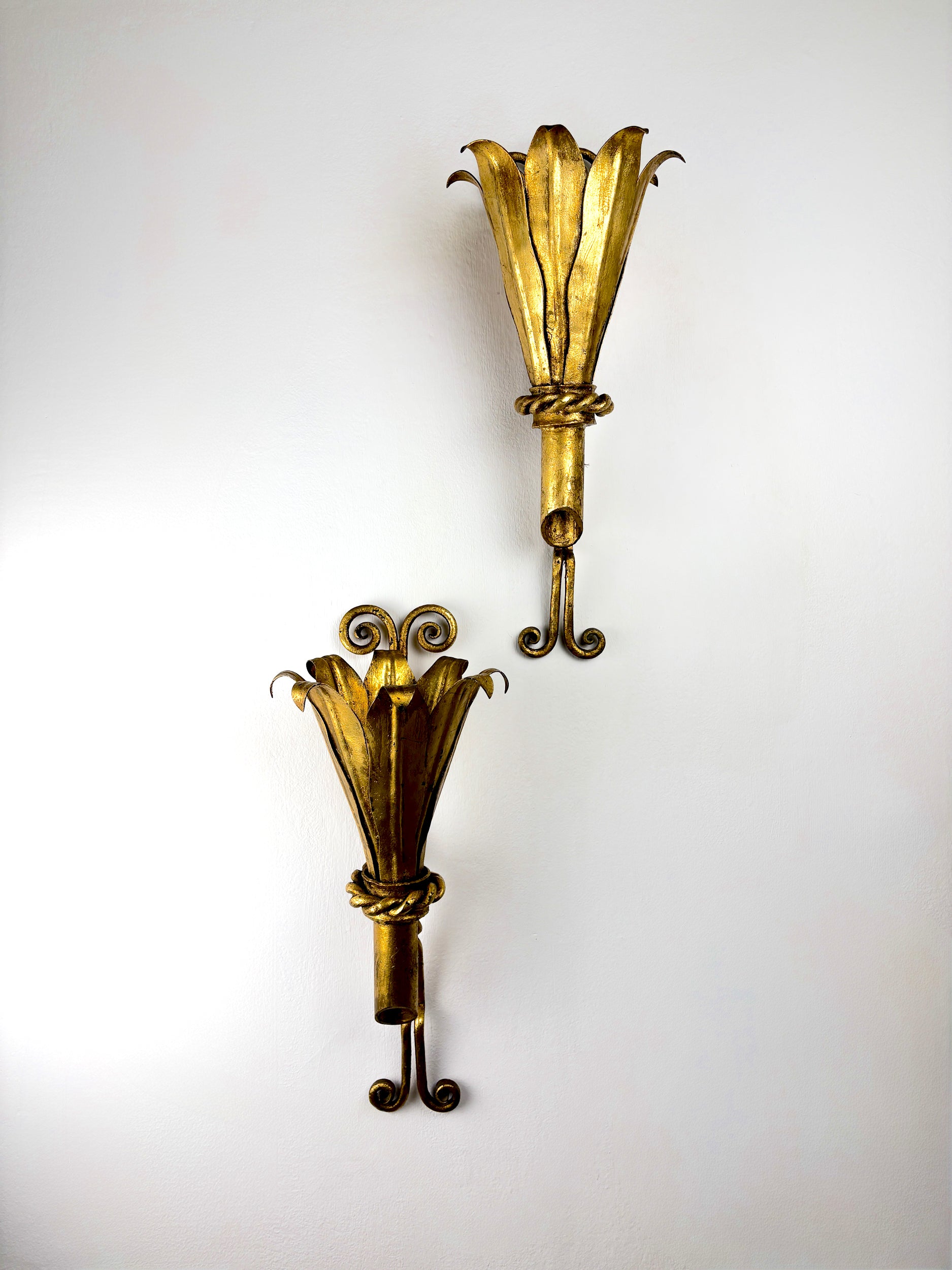 Pair of XL Gilt Metal Tulip Wall Sconces, France, 1960s
