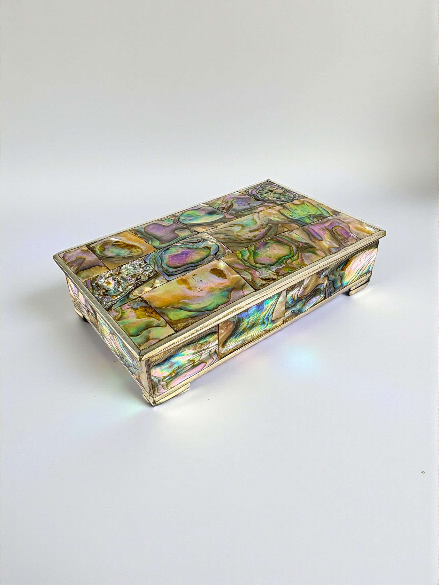 Abalone shell vanity box, Alpaca and wood, Mexico, Circa 1960's