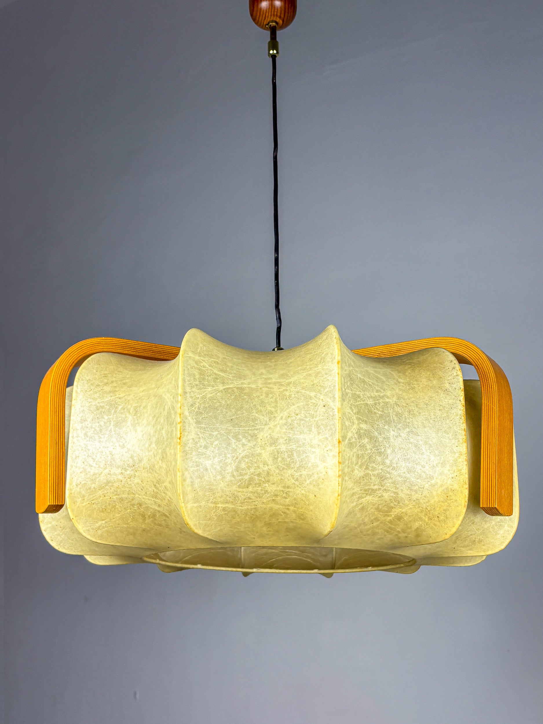 Mid-Century Cocoon Pendant Lamp, Resin & Pine Wood, Italy, 1960s