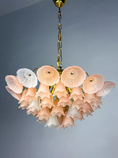 Bicolore 4-tiers floral murano glass chandelier, pink & white glass, italy, 1970'S