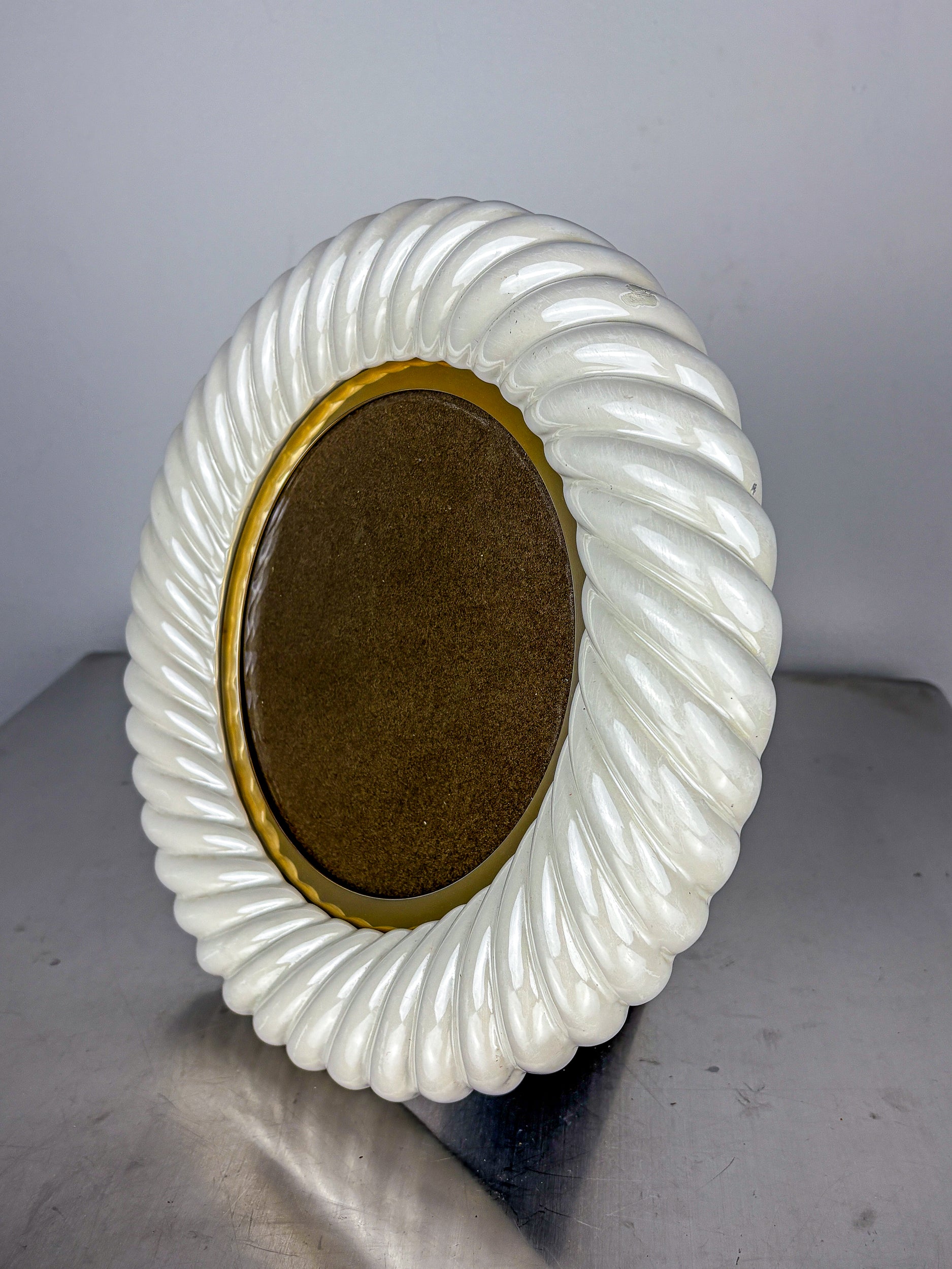 Tommaso Barbi White Ceramic and Brass Italian Picture Frame, 1970's
