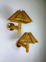 Pair of Rattan Bamboo Wall Lights with Woven Wicker Shades, Italy, 1960's