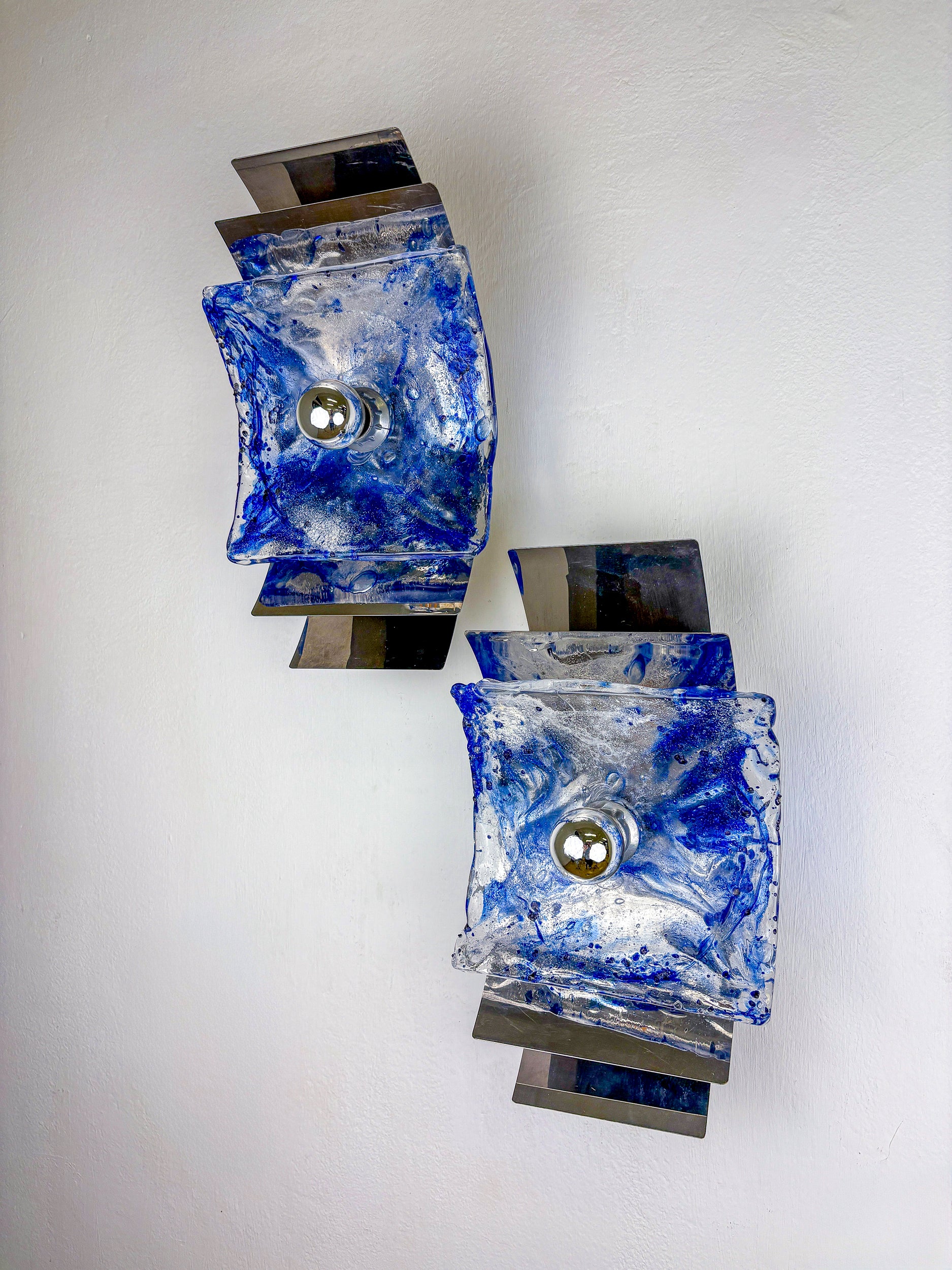 Pair of Murano Mazzega Blue & Clear Glass Wall Sconces, Italy, 1970s