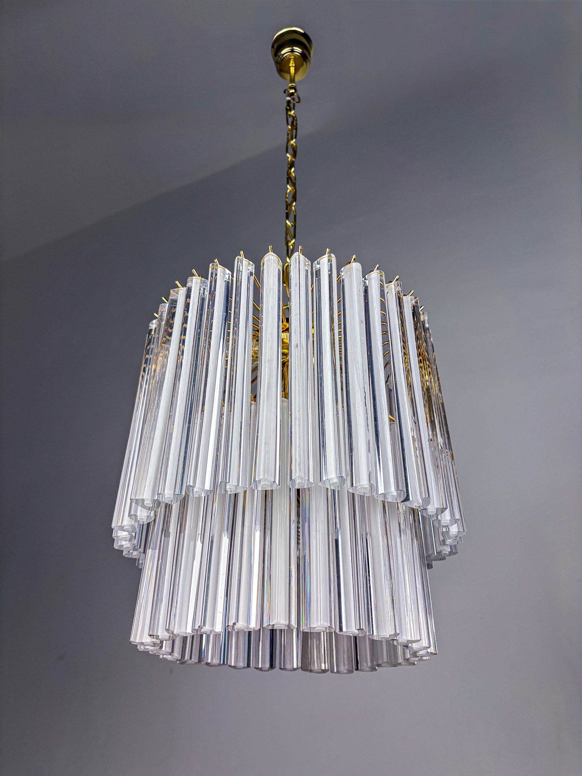 Paolo Venini Two-Tier Triedri Murano Glass Chandelier, Italy, 1970s