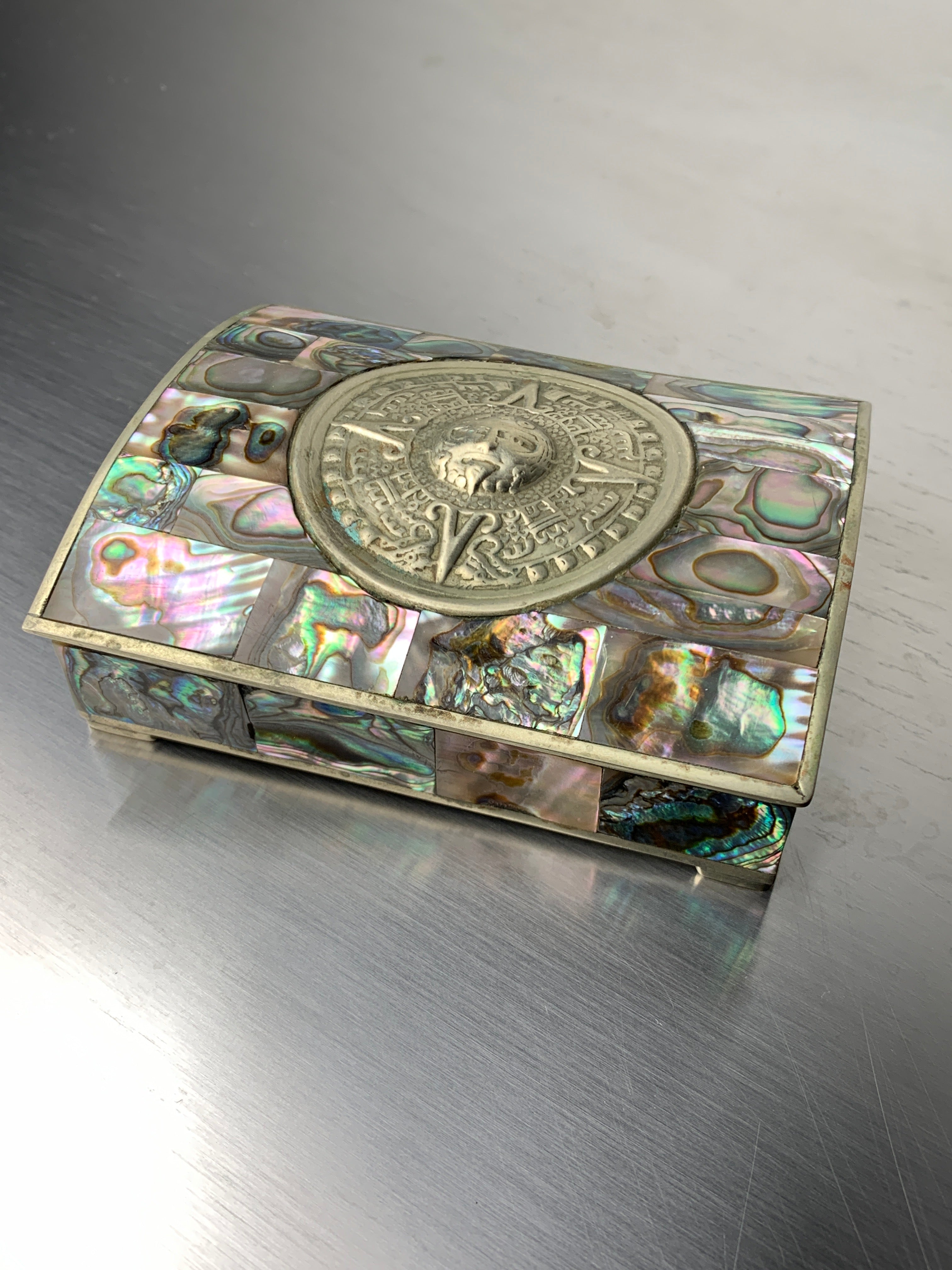 Abalone shell vanity box, Alpaca & wood, Mexico, 1970s