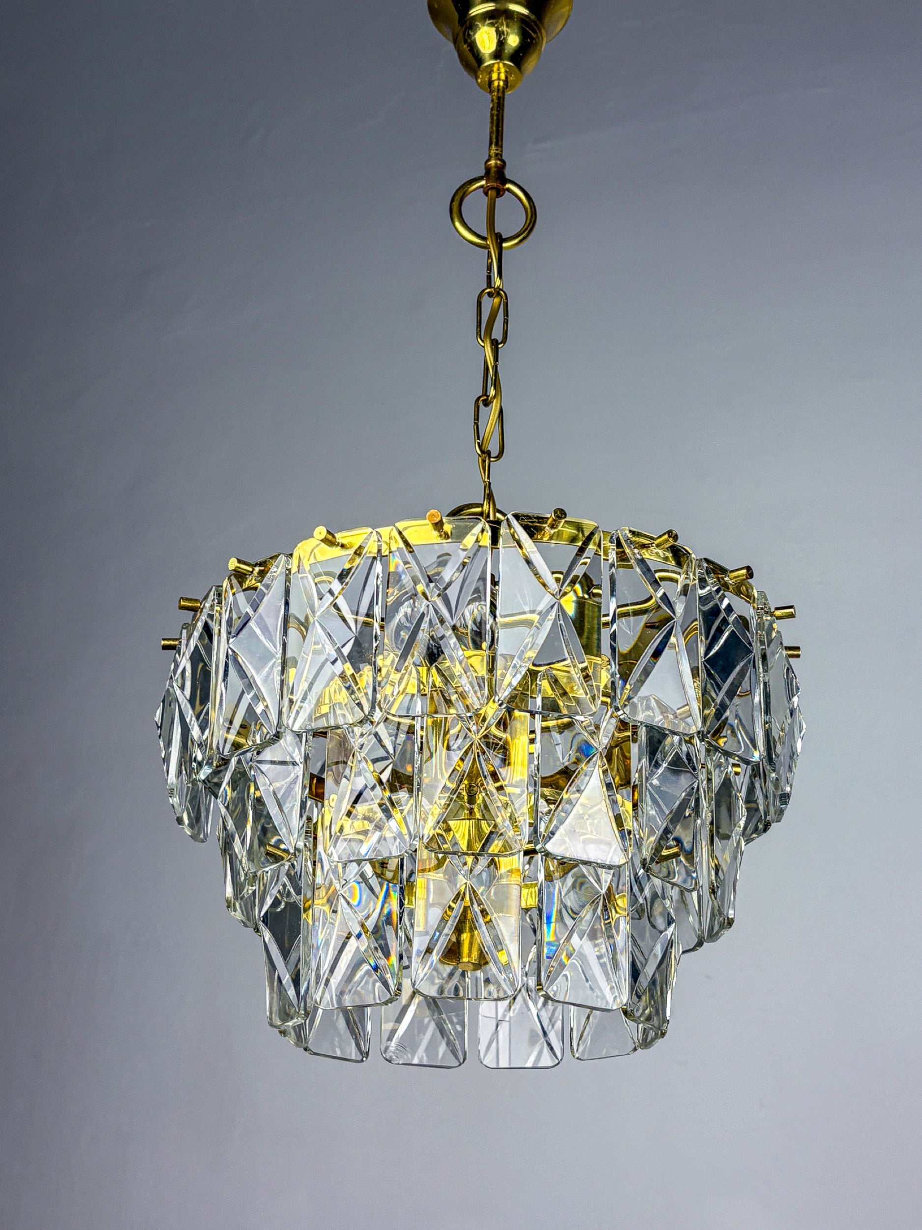 Kinkeldey 3-Tier Cut Crystal Chandelier, Gilt Brass, Germany, 1970