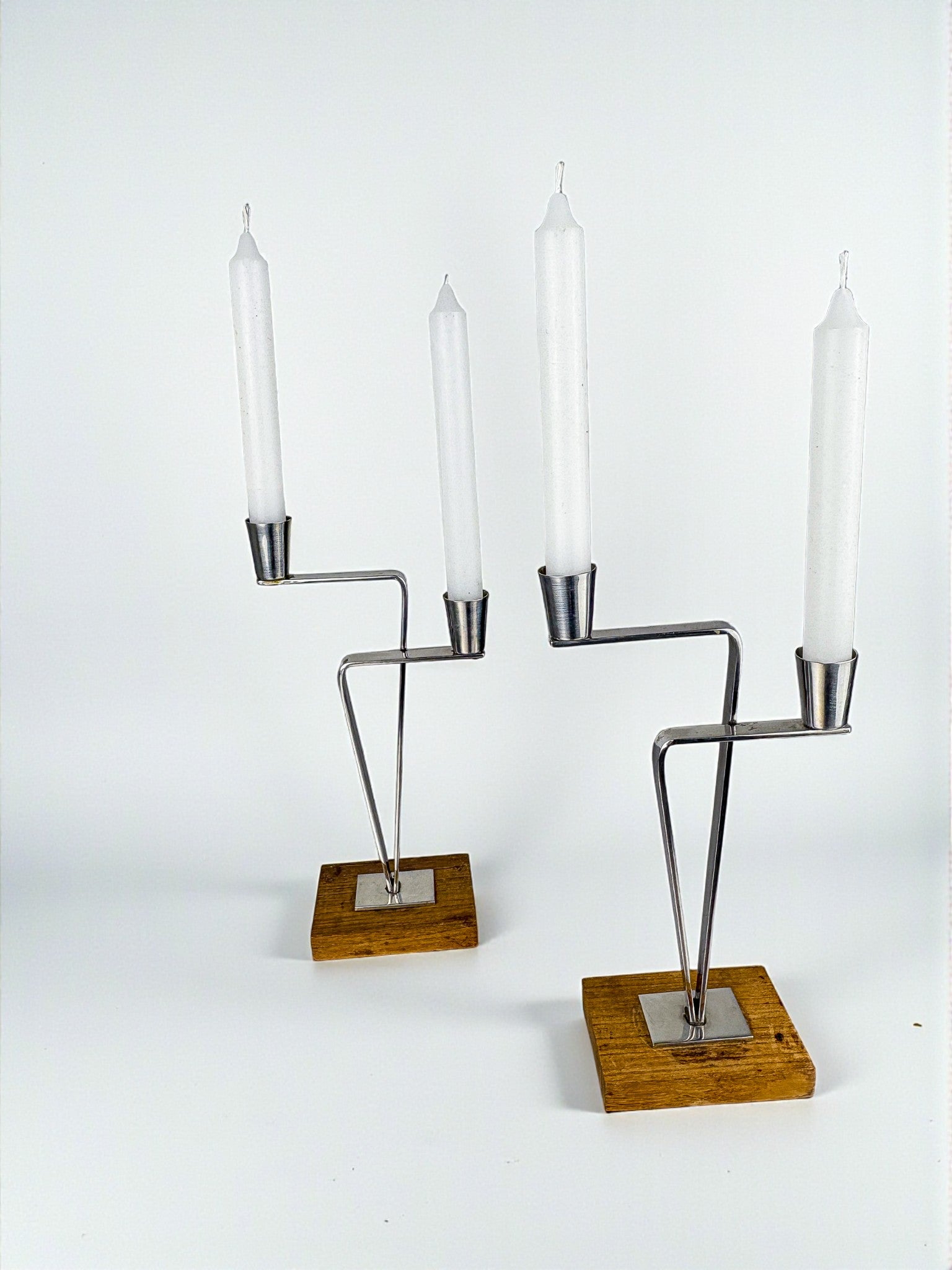 Pair of Scandinavian 2-Arm Candle Holders – Stainless Steel & Rosewood, Denmark 1970s