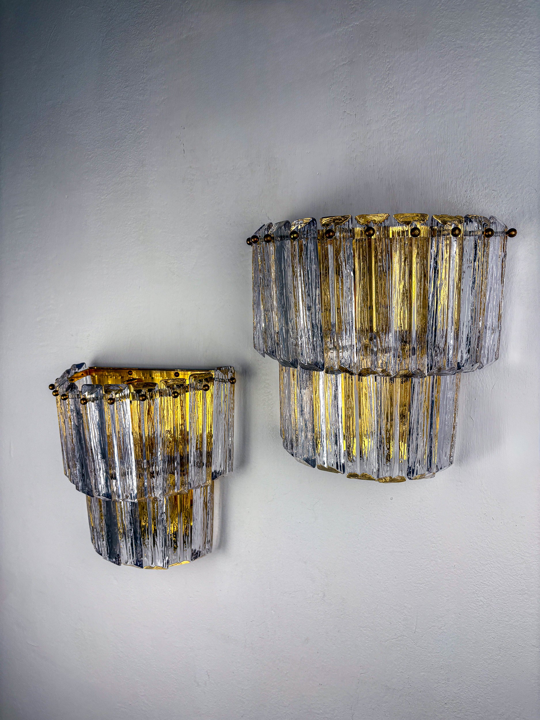 Pair of Two-Tier Frosted Murano Glass Wall Sconces, Italy, 1970s