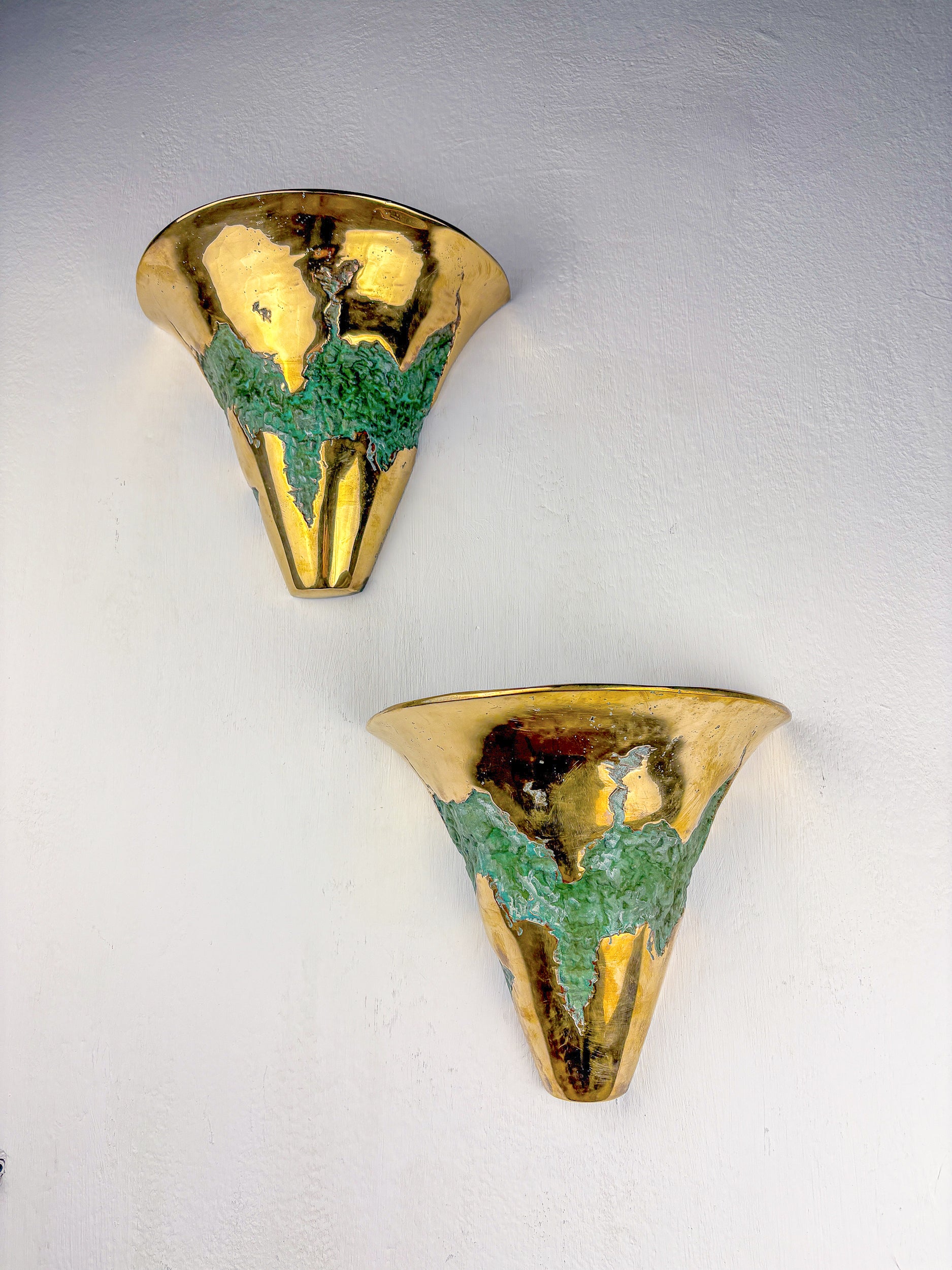 Pair of Italo Valenti brutalist wall sconces in bronze, Spain, 1970's