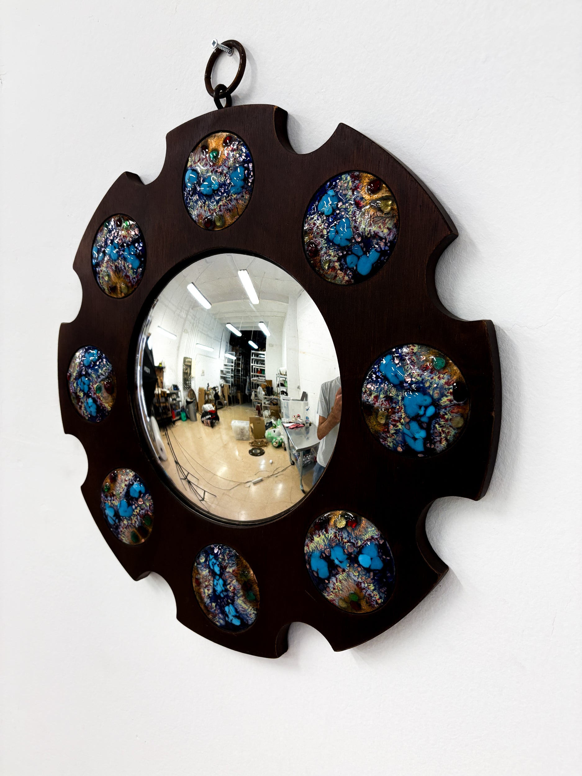Modernist Wood and Enamel Mirror by J. Capo Esmaltes, Spain, 1970's