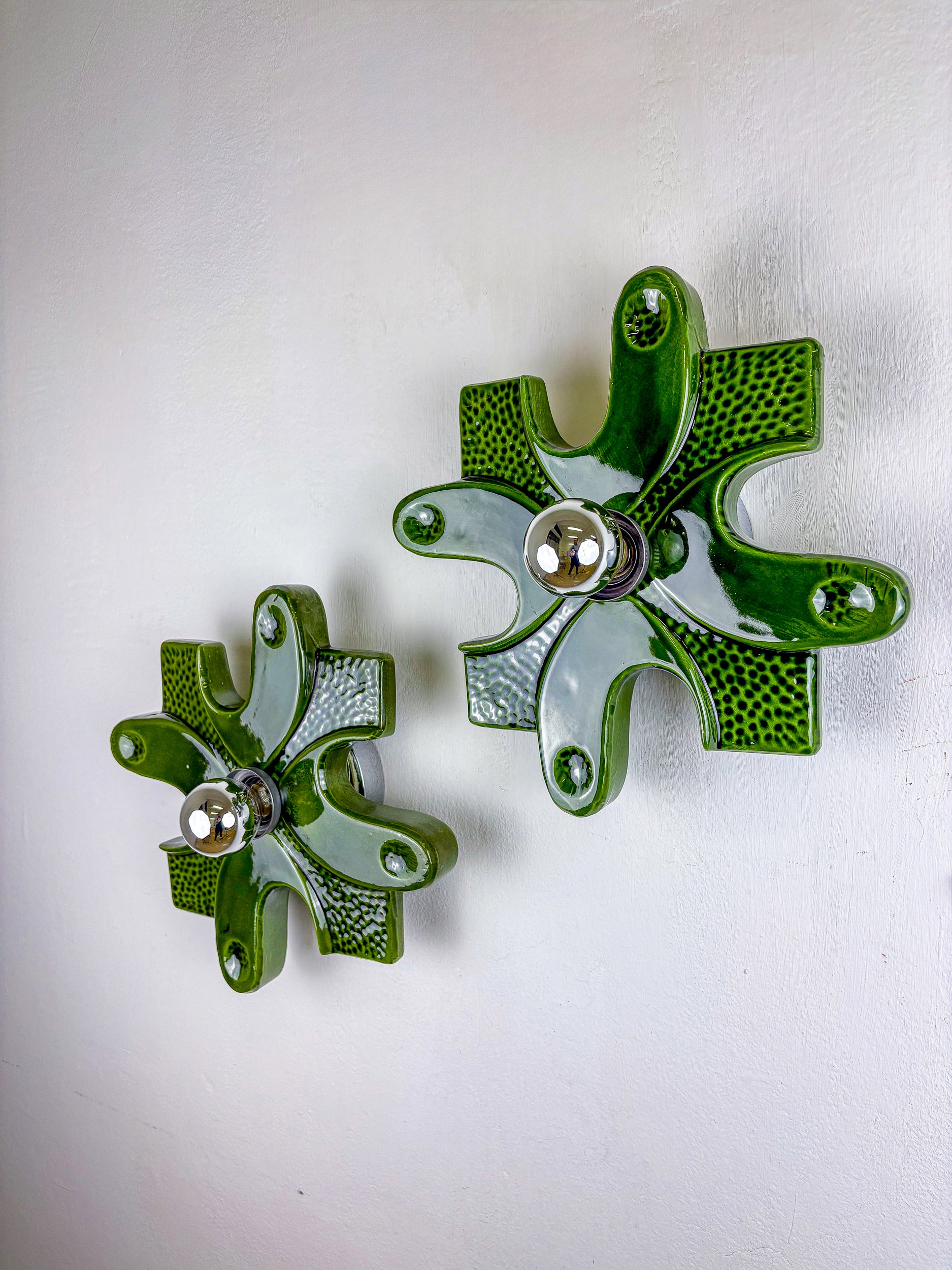 Pair of puzzle sconces by hustadt leuchten, Green ceramics, germany, 1960's