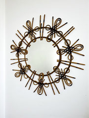 Rattan Sunburst Mirror with Chinoiserie Motif, Spain, 1950s