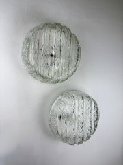 Pair of Frozen Glass Round Sconces, Germany, 1960s