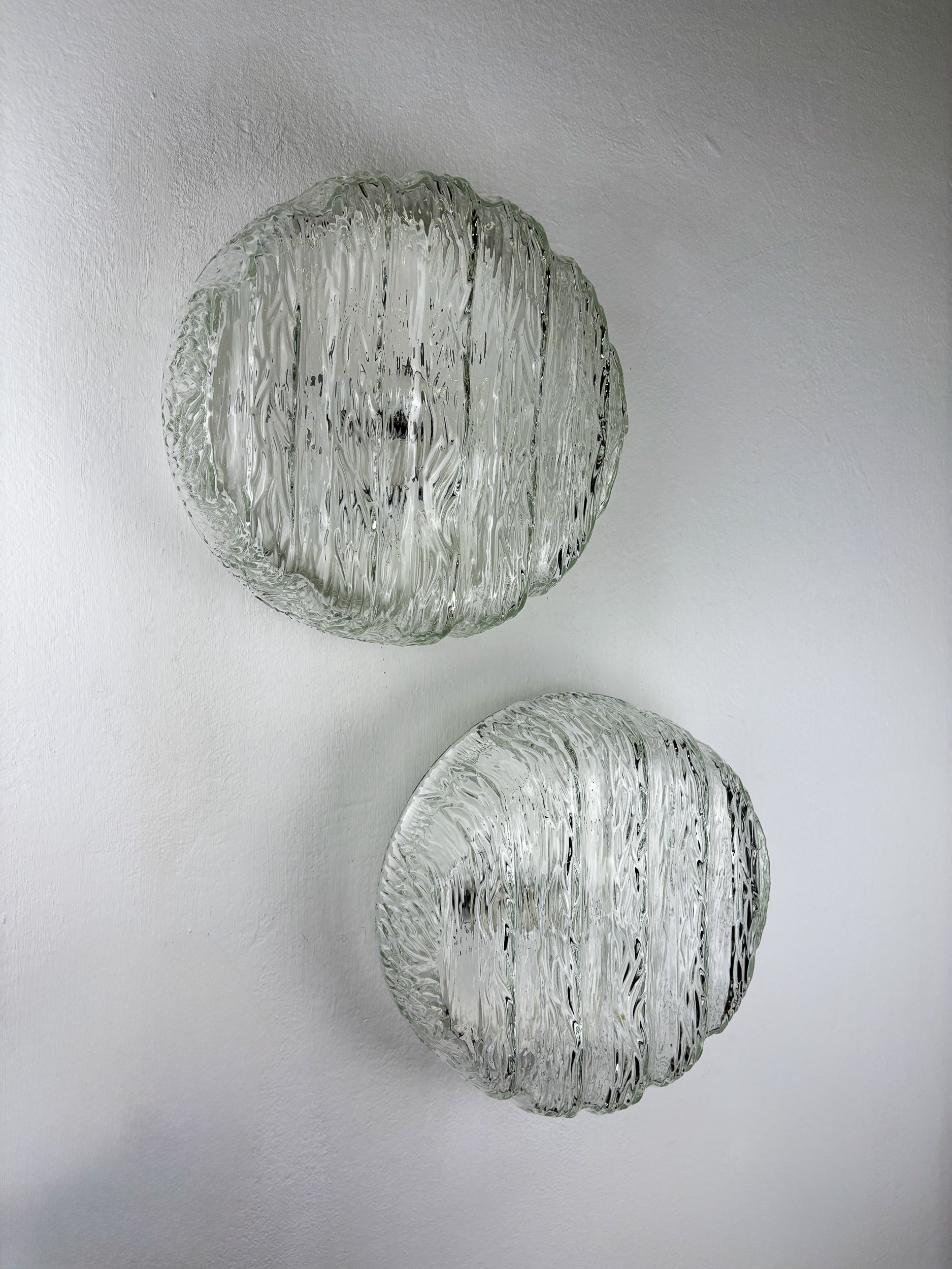 Pair of Frozen Glass Round Sconces, Germany, 1960s