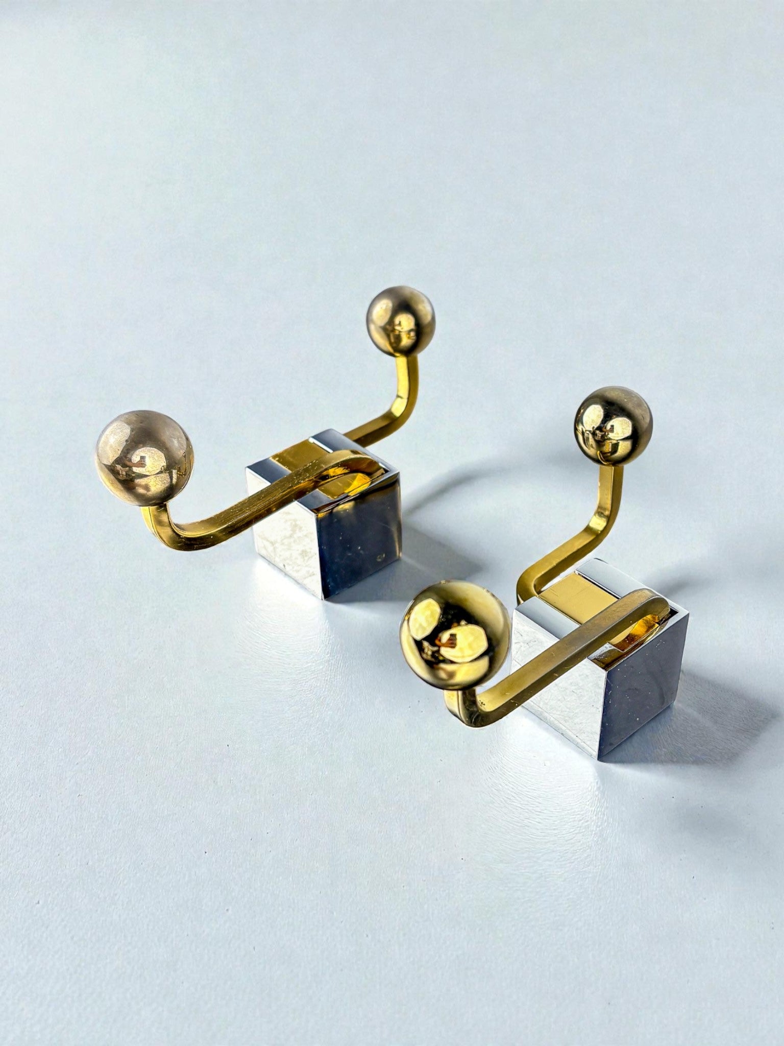 Pair of Romeo Rega style Wall Hooks, Gilt Brass & Chrome, Italy, 1980s