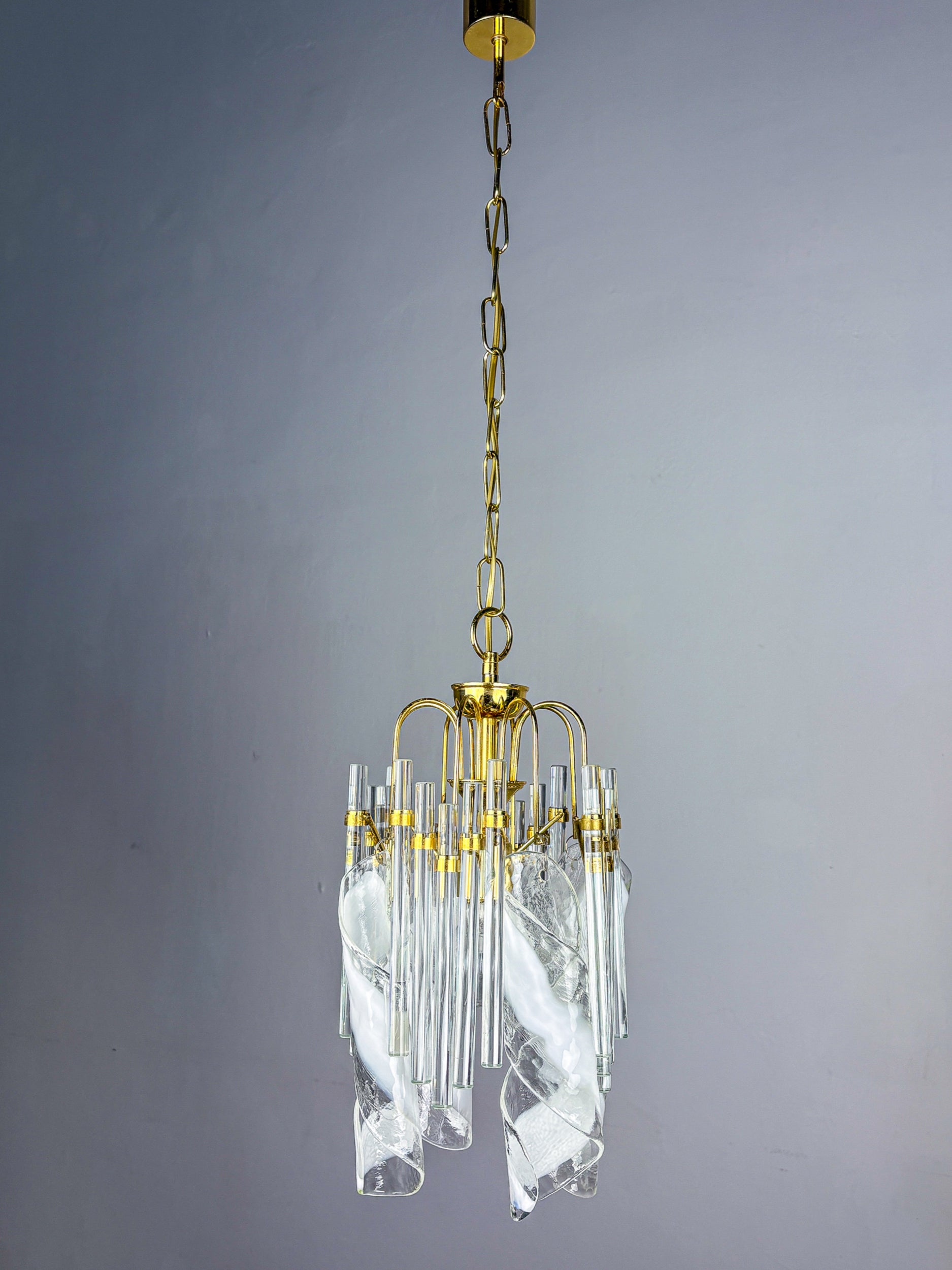 Murano Glass Cascade Chandelier – Twisted  Prisms & Tubes, Brass Frame, Italy 1970s