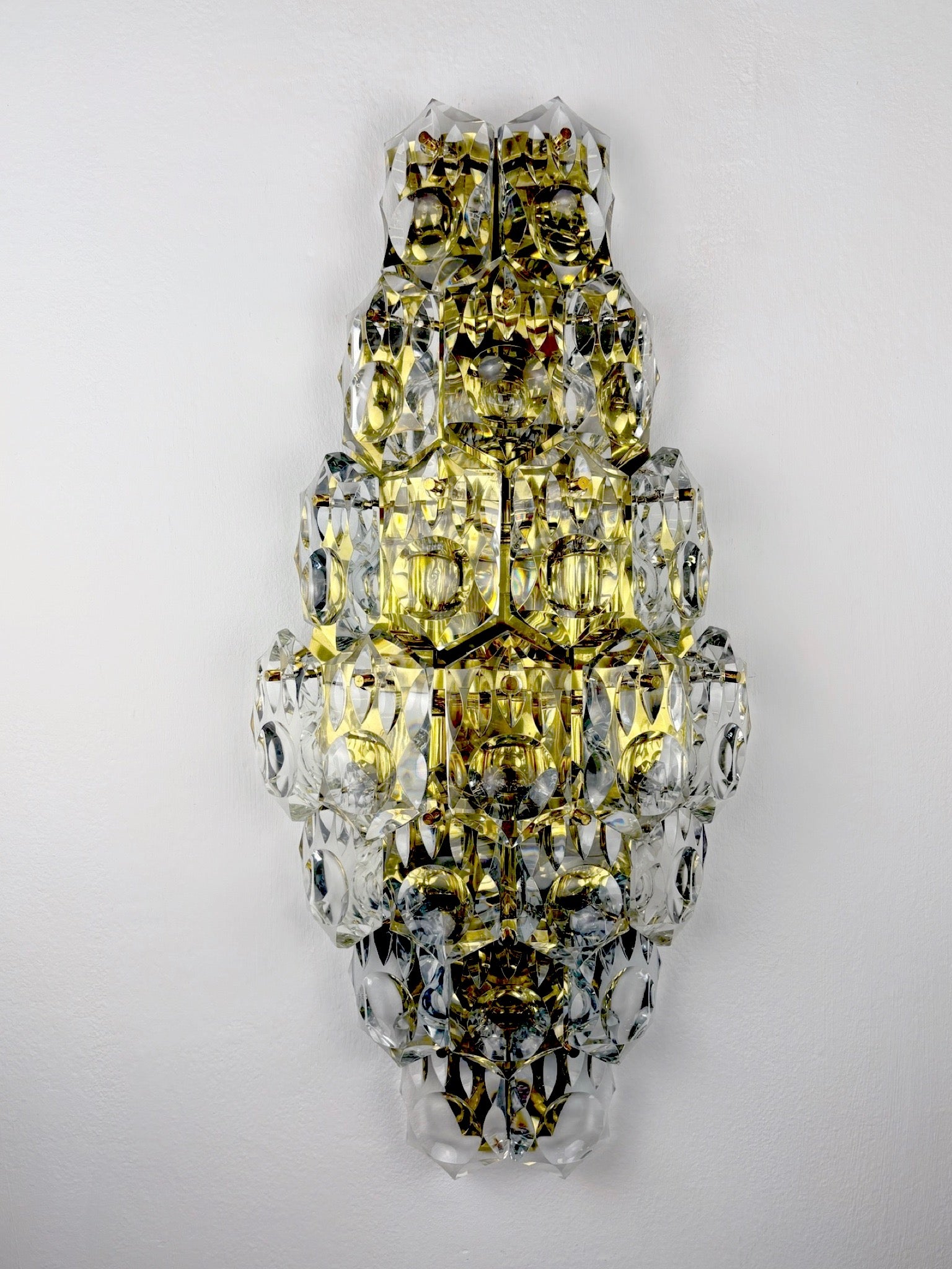 Kinkeldey XL 7-Tier Cut Crystal Wall Sconce, Gilt Brass, Germany, 1970s