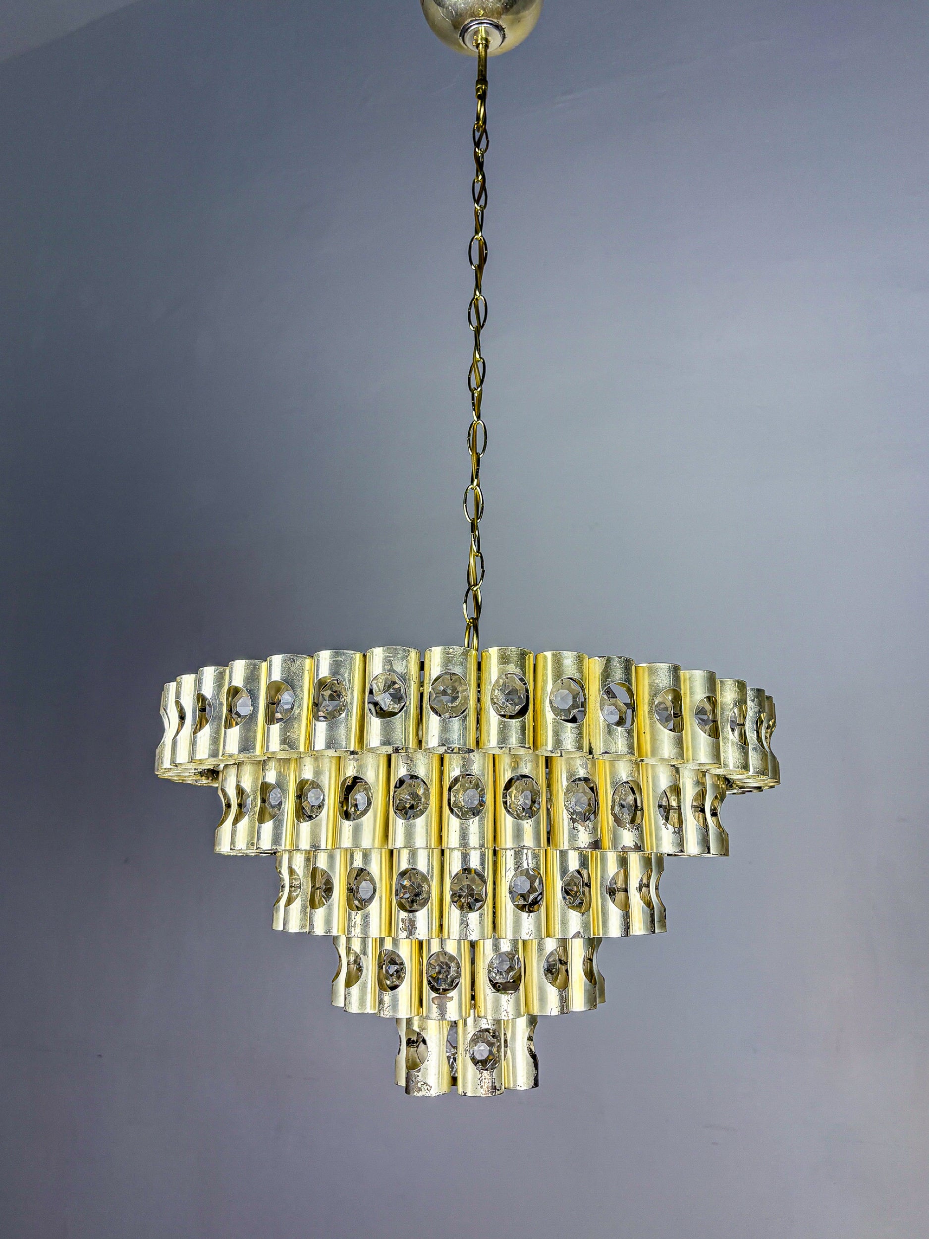 Gaetano Sciolari 5-Tier chandelier, brass & crystal, Italy, 1970s