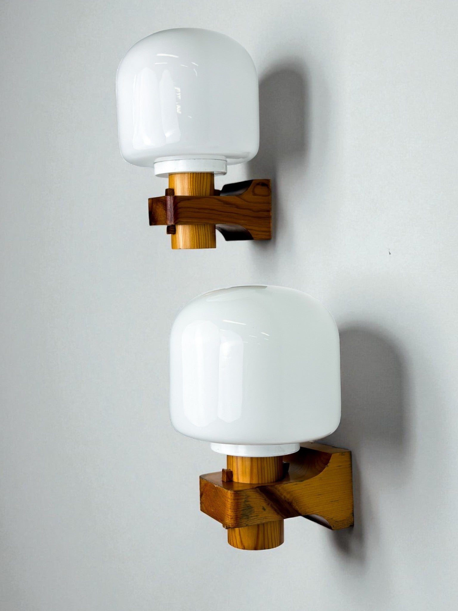 Pair of Nordic Pine Wood & Opaline Wall Lights – Denmark 1970s