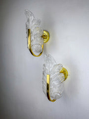 Pair of Italian Leaf wall Sconces, frosted murano Glass & Gilt Details, Circa 1970's