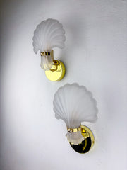 Pair of Art Deco Shell Wall Sconces – White frosted Glass, France 1970s