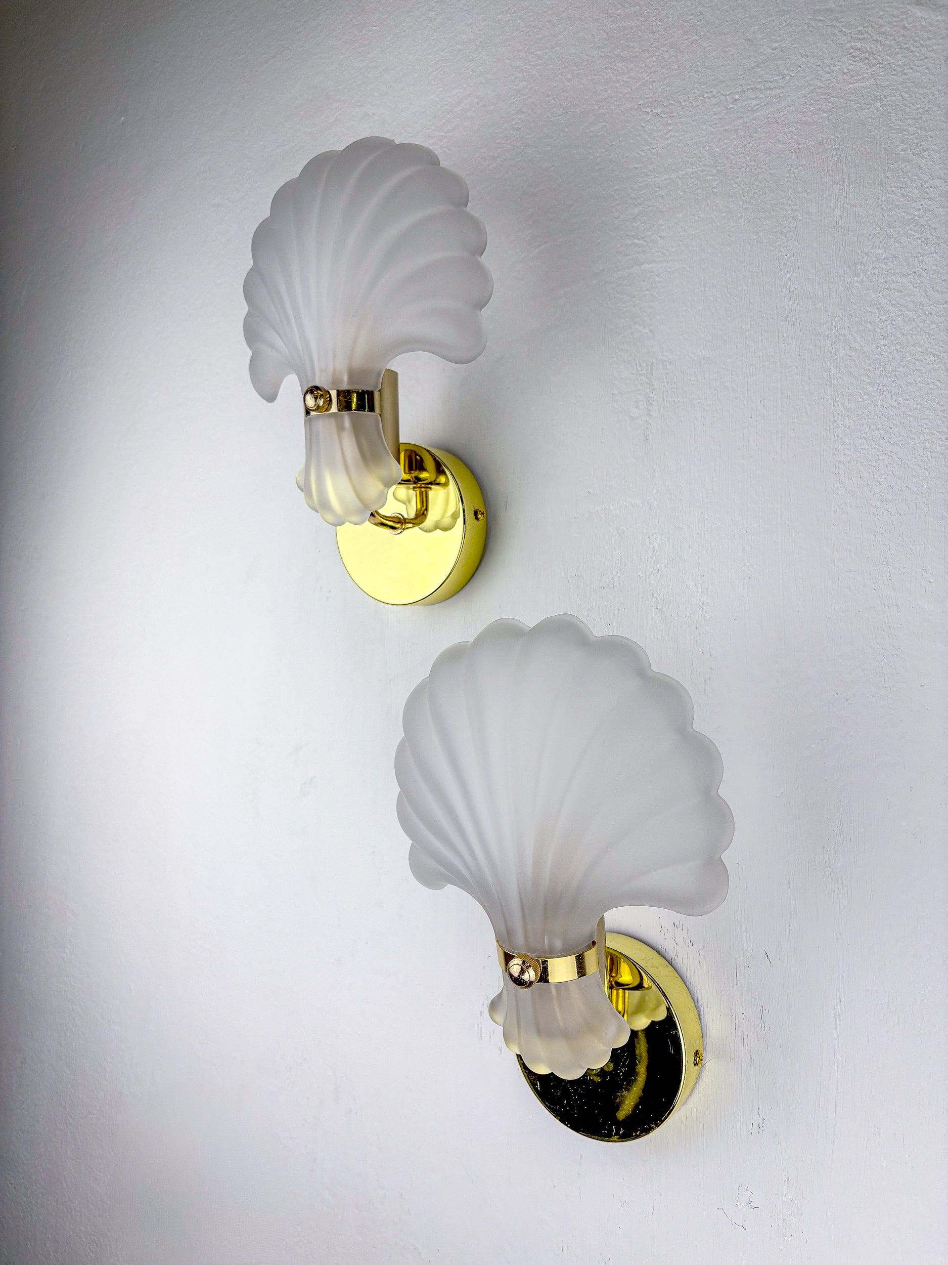 Pair of Art Deco Shell Wall Sconces – White frosted Glass, France 1970s