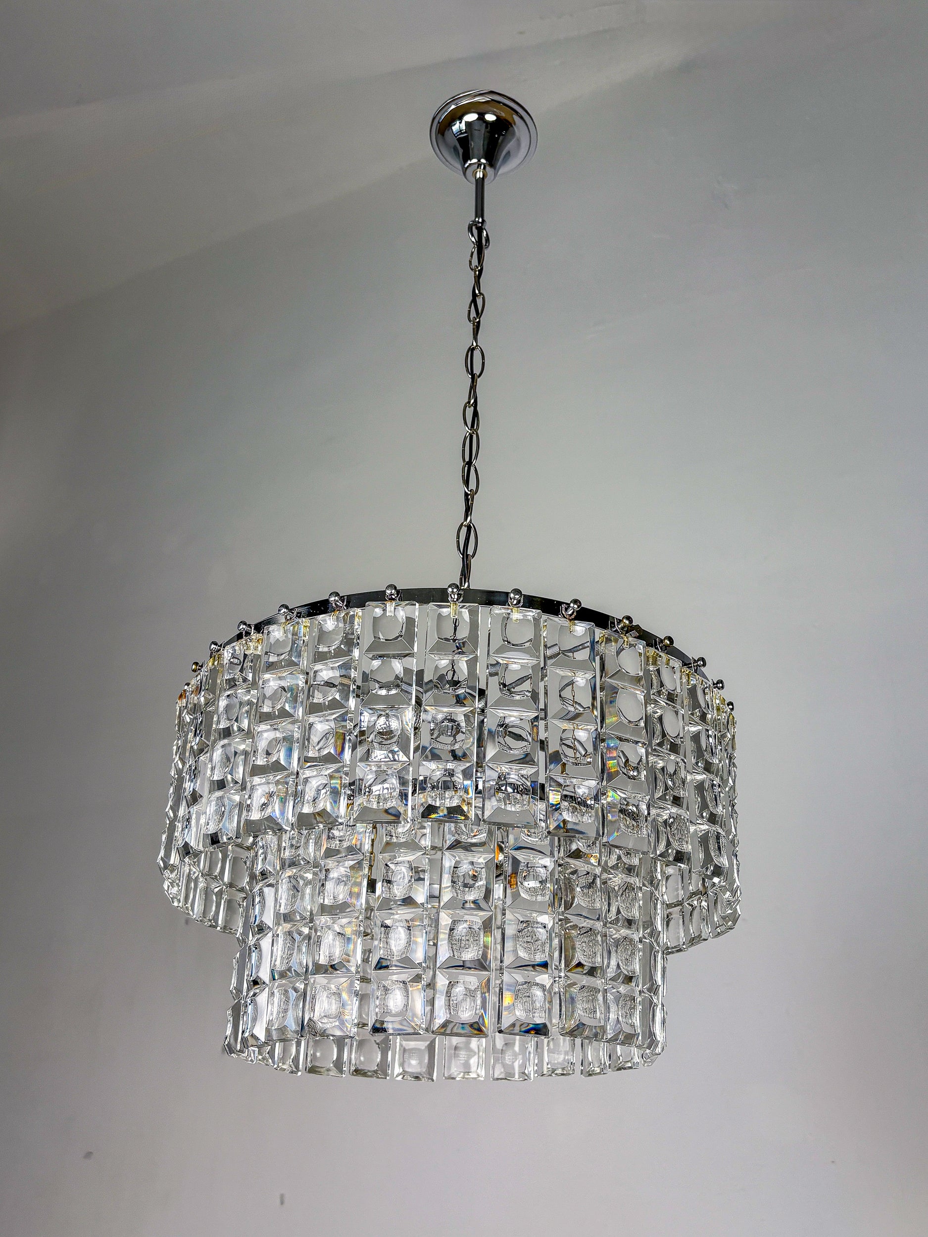 Kinkeldey 2-Tier Cut Crystal Chandelier, Gilt Brass, Circa 1970's, Germany