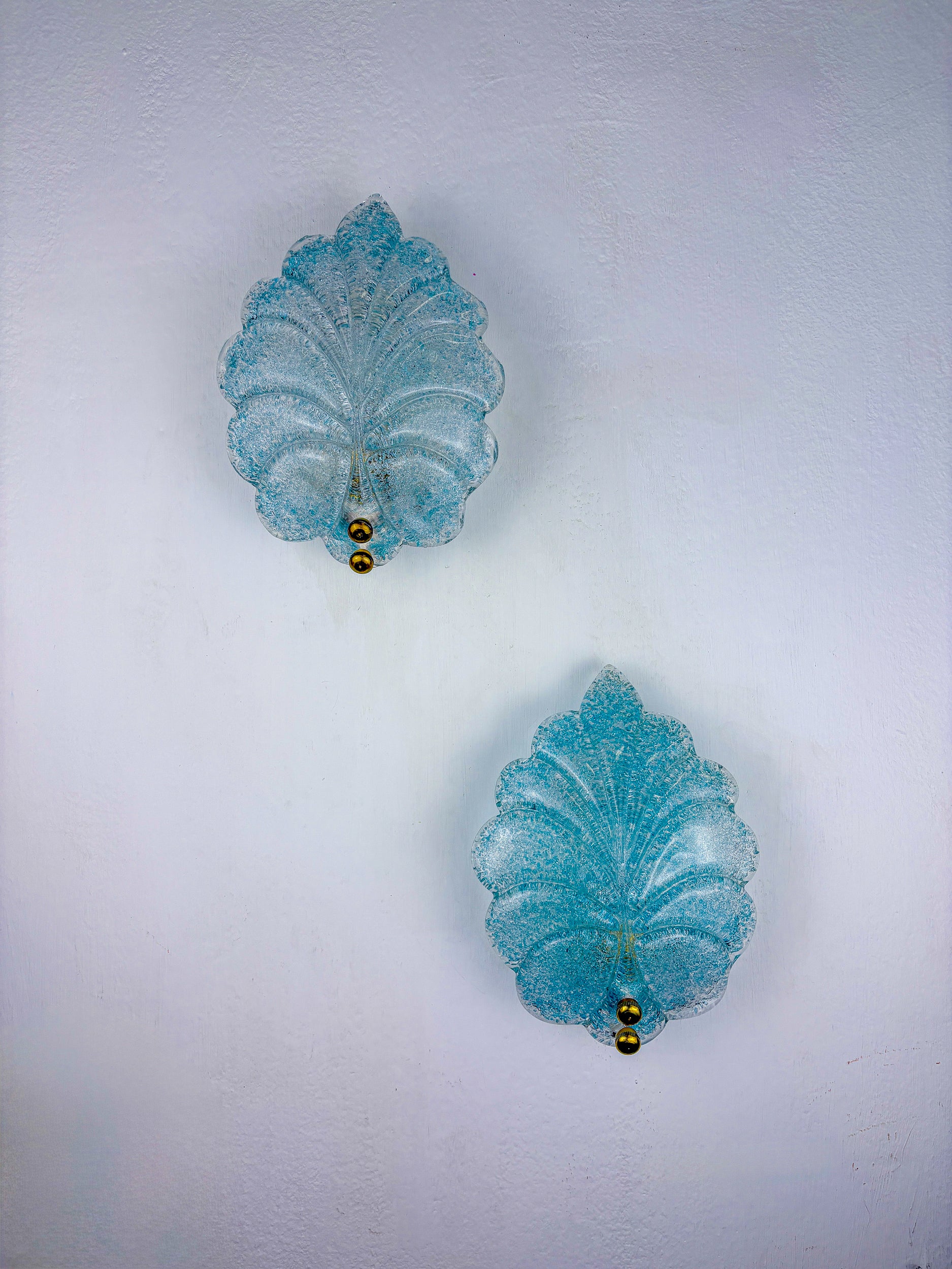 Pair of Barovier & Toso Leaf-Shaped Wall Sconces, Light Blue Murano Glass, Italy, 1960's