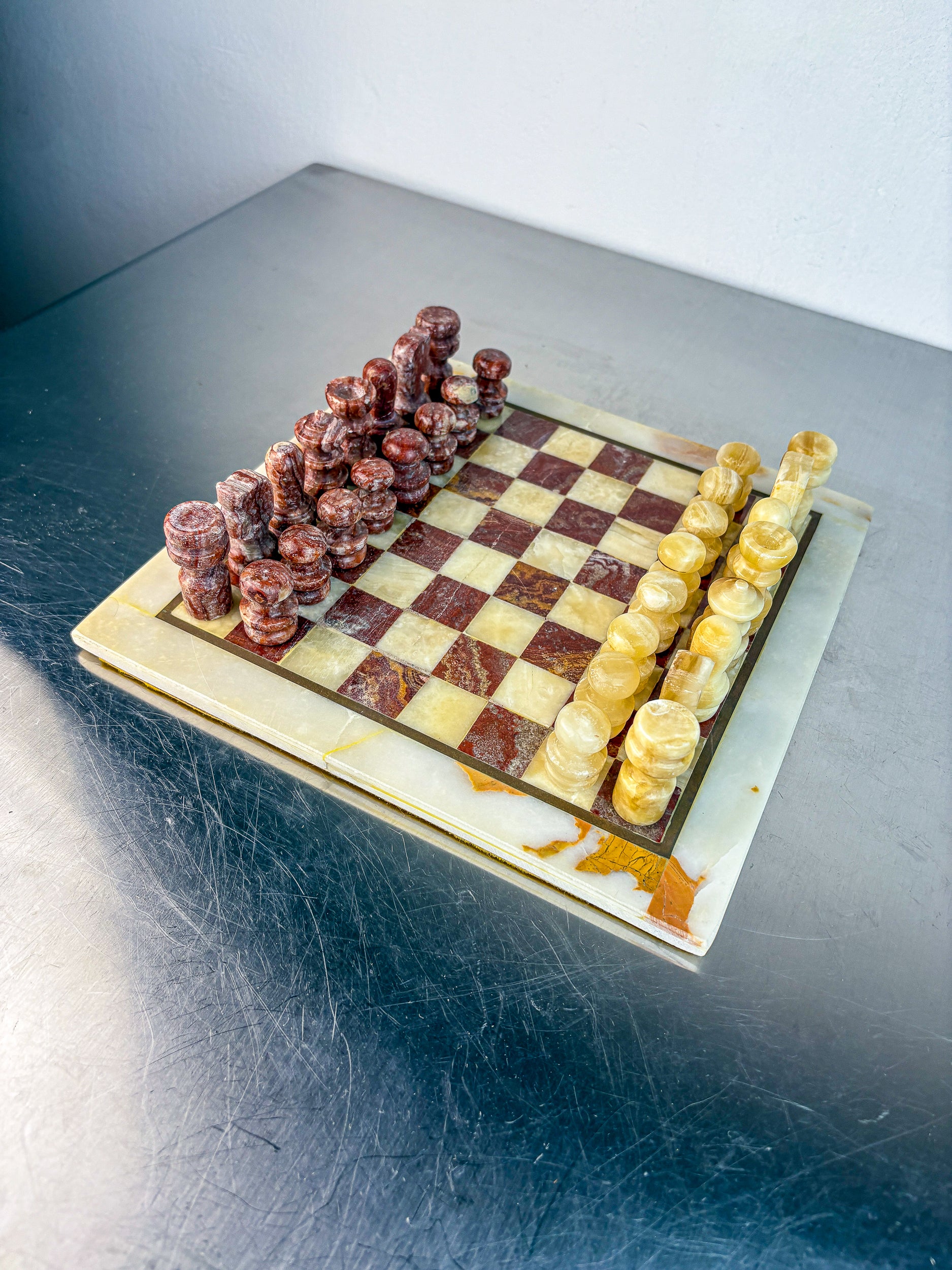 Vintage Italian Genuine Alabaster Chess Set with Carved Pieces, 1970s