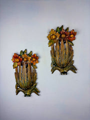 Pair of Italian Daisy Bouquet Wall Sconces in Polychromed Wood, 1960s