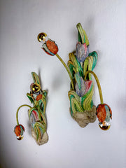 Pair of Italian Tulip and Leaf Sconces, Polychrome Wood & Metal Arms, 1960s