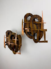 Pair of Brutalist Wood & Copper Wall Sconces, Italy, 1970s