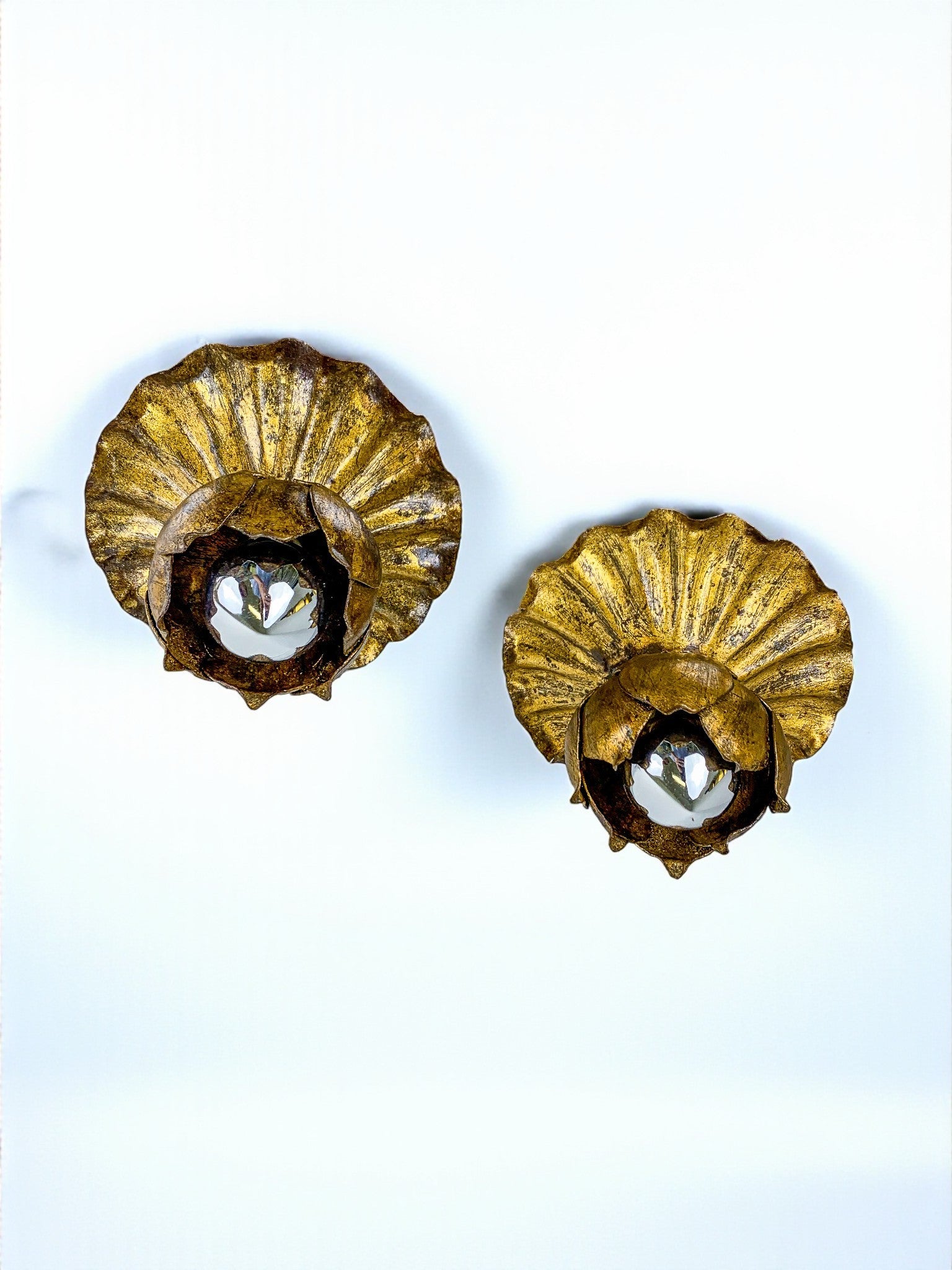 Pair of Embedded Flower Bud Wall ceiling light, Gold Leaf Gilded Iron, Spain, 1950s