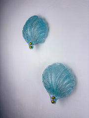 Pair of Shell shaped Frosted blue Murano Glass Wall Sconces, Italy, 1970's