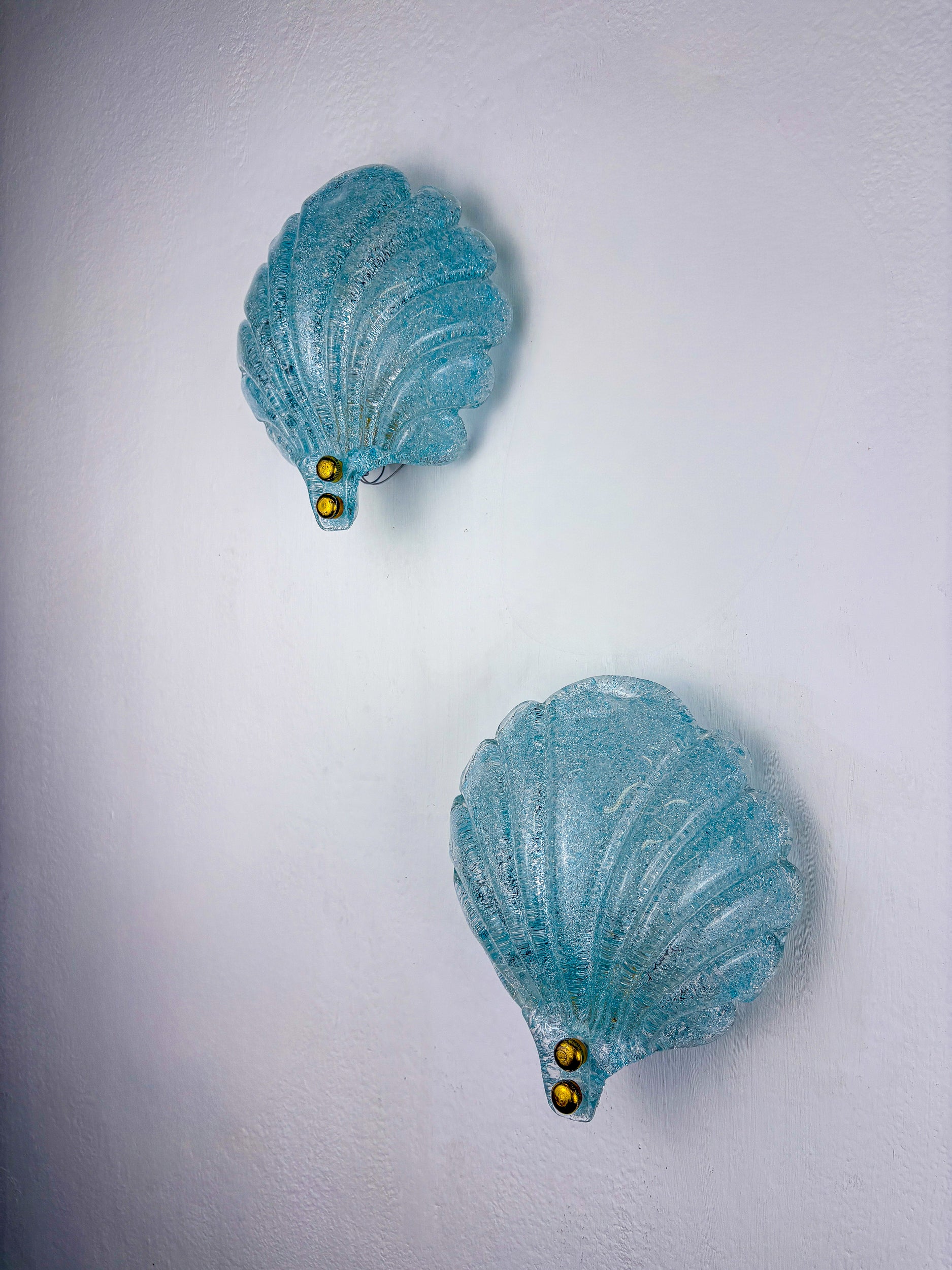 Pair of Shell shaped Frosted blue Murano Glass Wall Sconces, Italy, 1970's