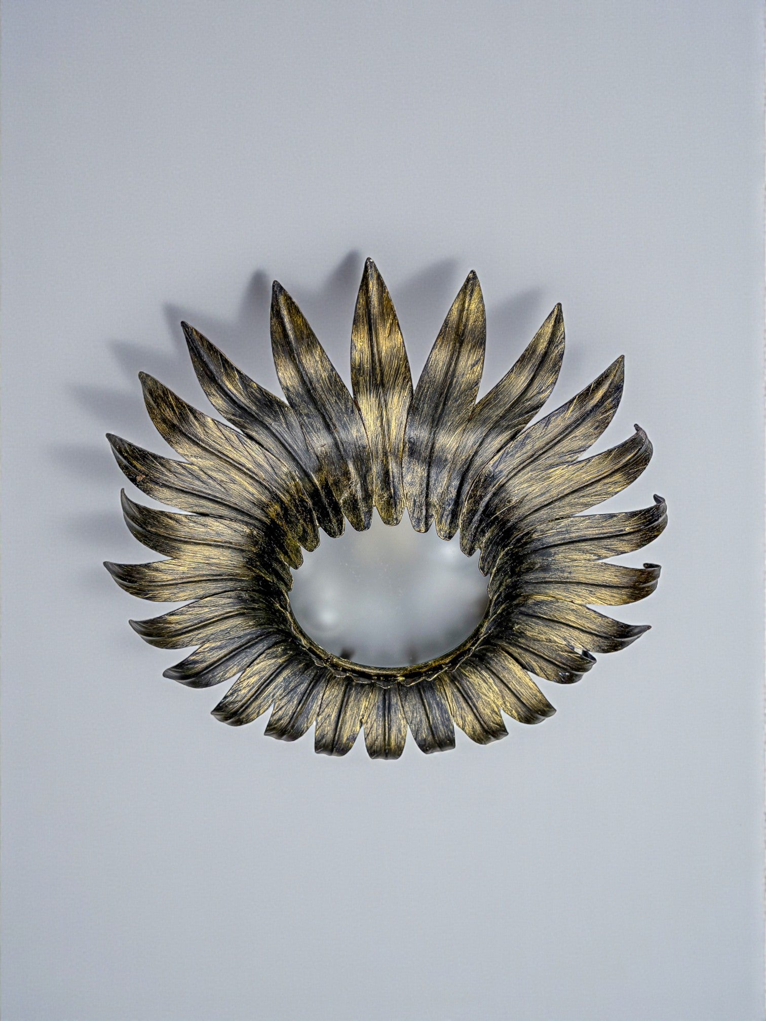Spanish Sunburst Foliage Ceiling Light fixture in Gilt Iron, 1960s