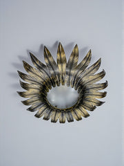 Spanish Sunburst Foliage Ceiling Light fixture in Gilt Iron, 1960s