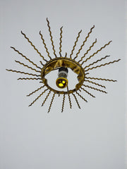 Spanish Sunburst Ceiling Light – Gilt Iron Rays & Exposed Bulb, 1960s